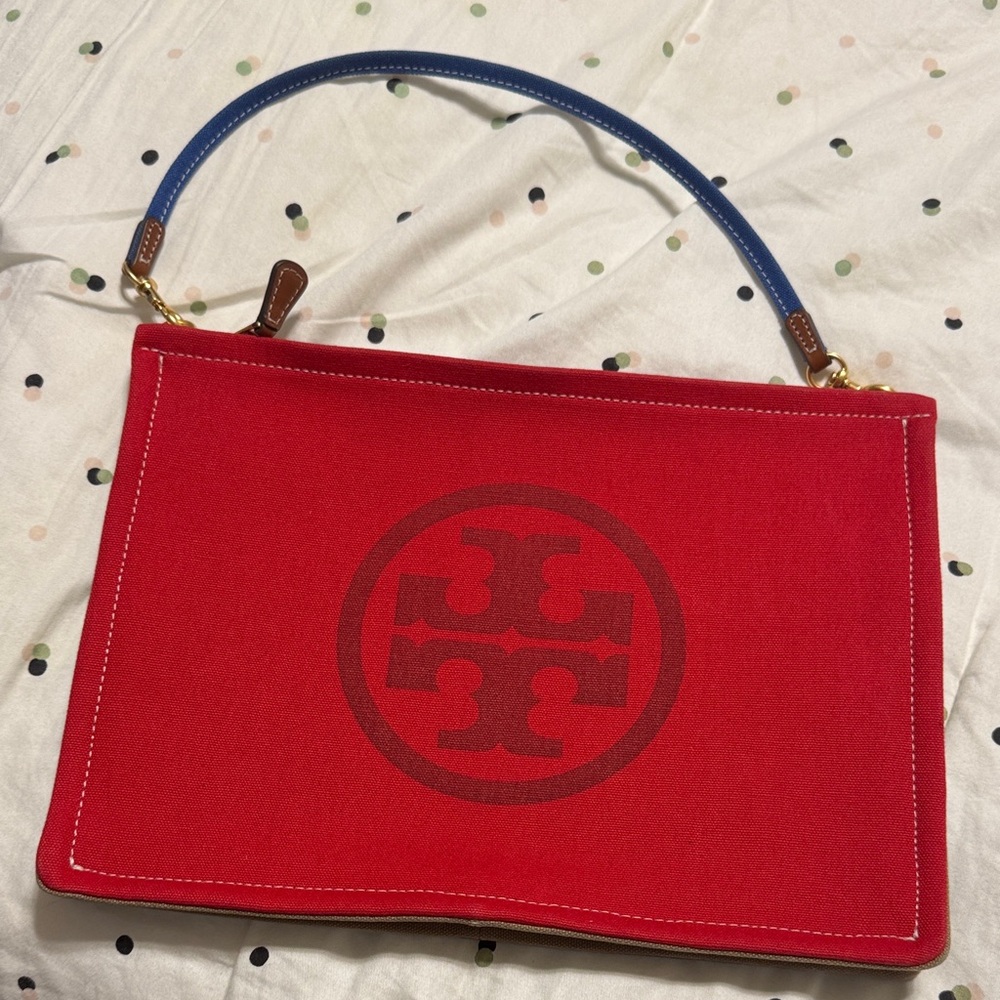 Tory Burch Red Canvas Shoulder Bag with Blue Handle